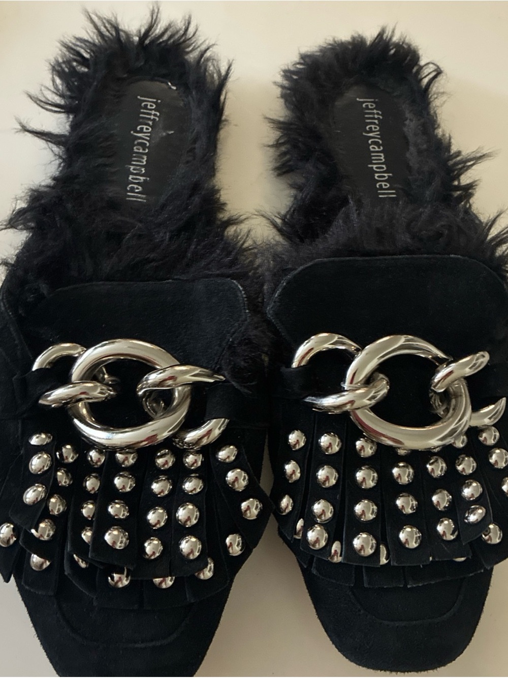Jeffrey Campbell Black Faux Fur & Studded Suede Mules with Silver Hardware